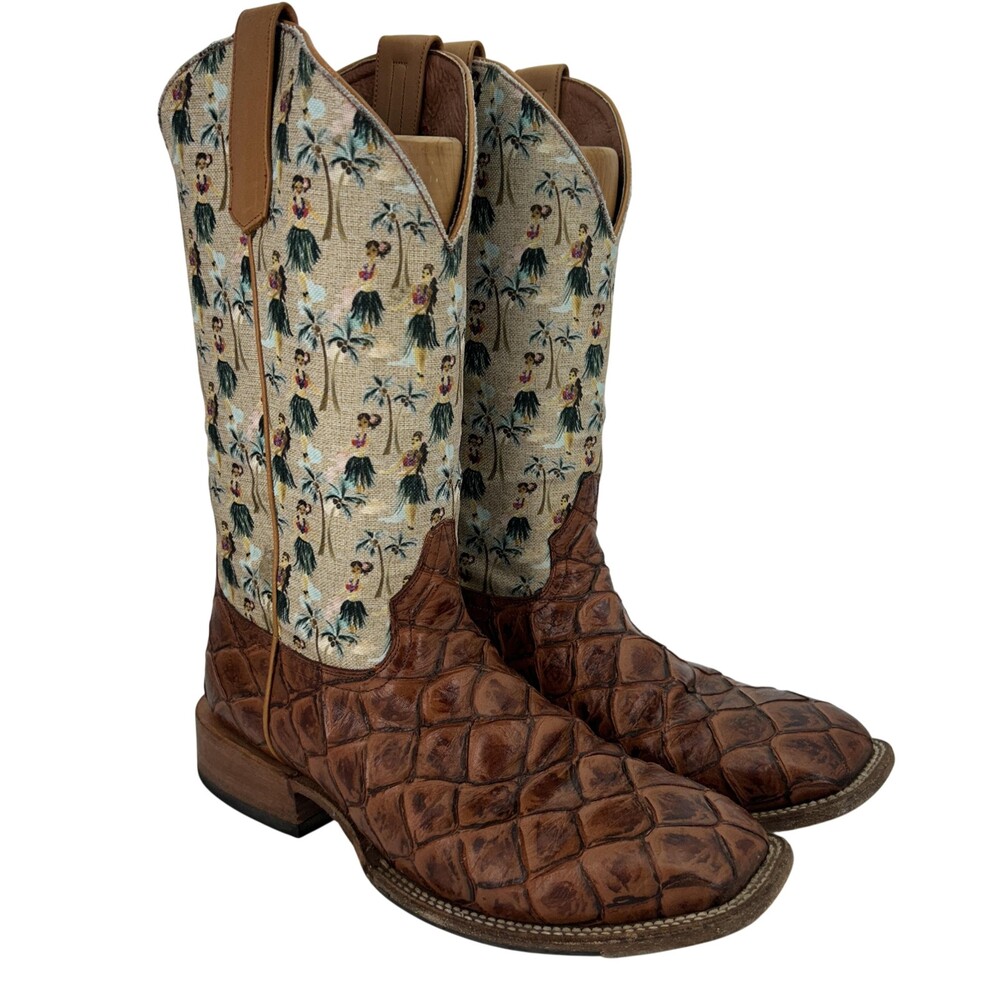 Horse Power Boots Mens Size 9.5 EE Big Bass Pirarucu Exotic Square Toe Hula Girl